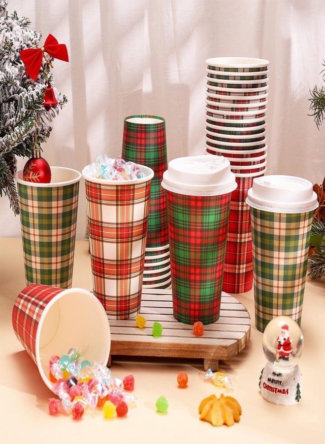 JarThenaAMCS Christmas Disposable Coffee Cups Xmas Buffalo Plaid Paper Cups with Lids 16 Oz To Go Coffee Cup for Holiday Party Cafe Hot Cold Drinks, 48 Pcs - Image 4